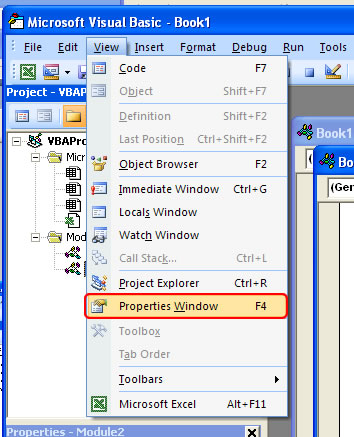 Display Property Window in Excel